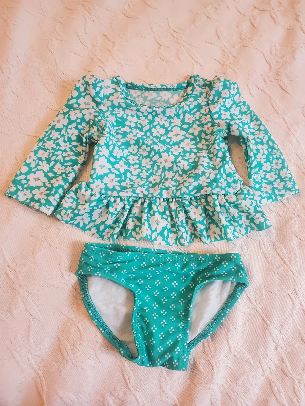 Teal Floral Long-Sleeve Swim Set